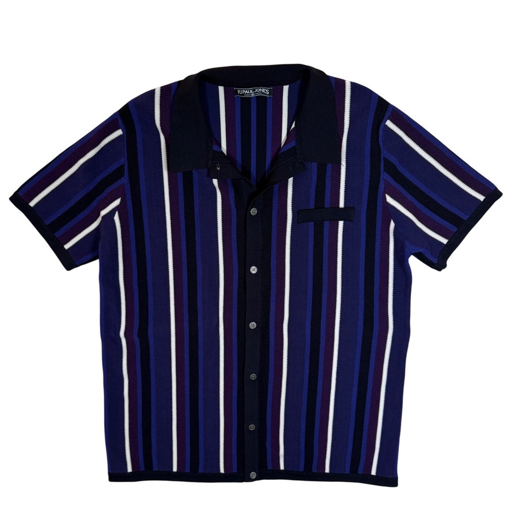 PJ Paul Jones Men's XL Knit Button Up Shirt Blue Purple Striped Retro Mod